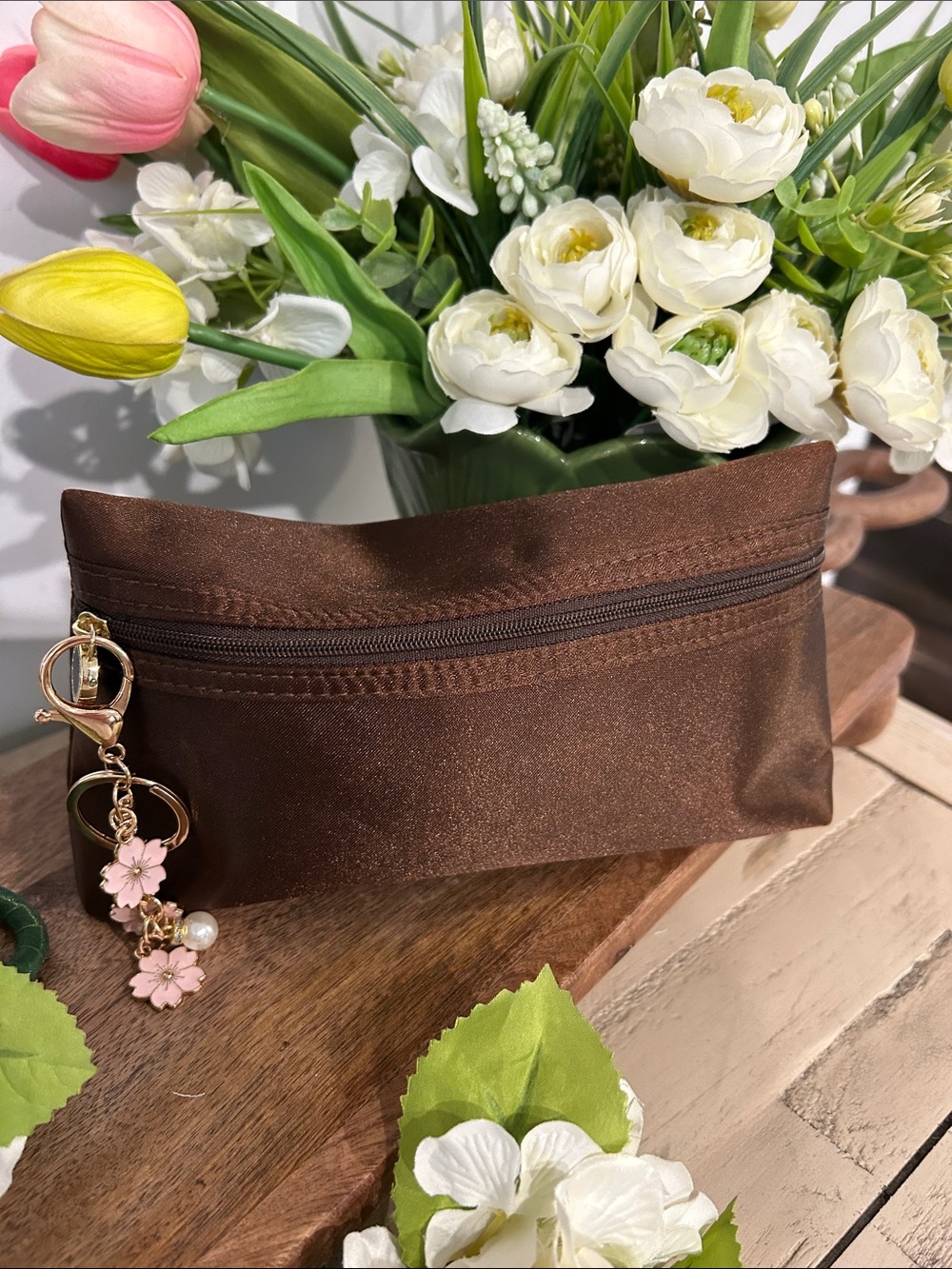 Bulgari Brown Satin Cosmetic Pouch with Gold Charm